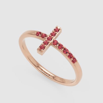 Ruby Cross Ring With Pav Gemstones In Rose Tone Finish - Three