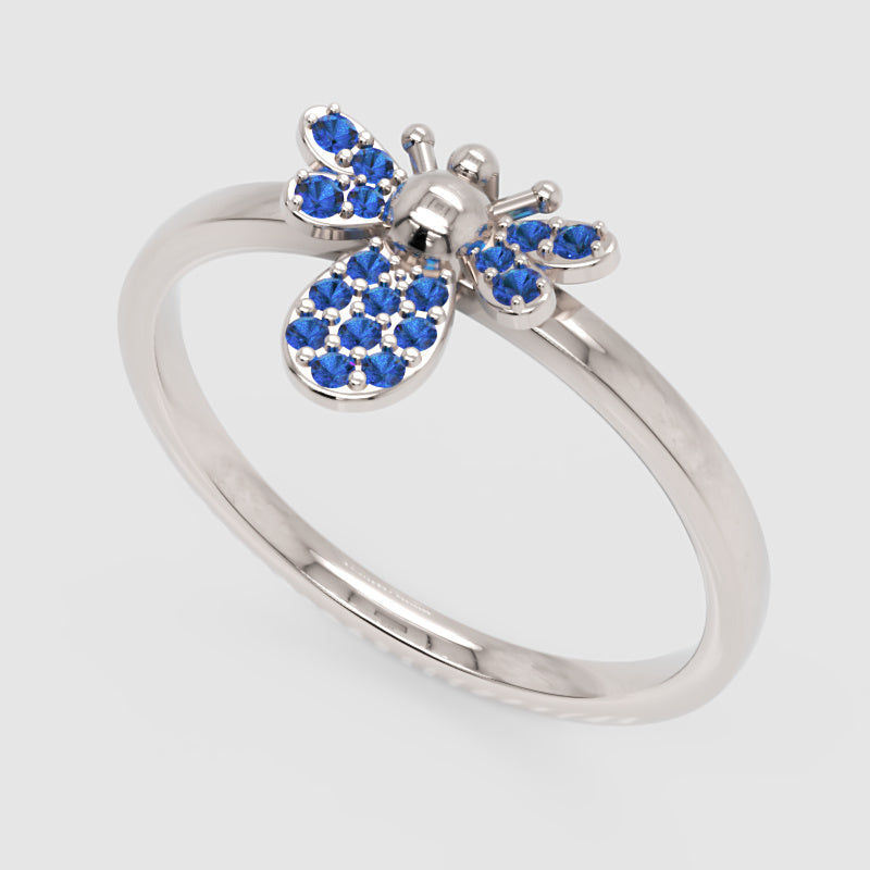Blue Stone Bee Ring In White Gold - Three
