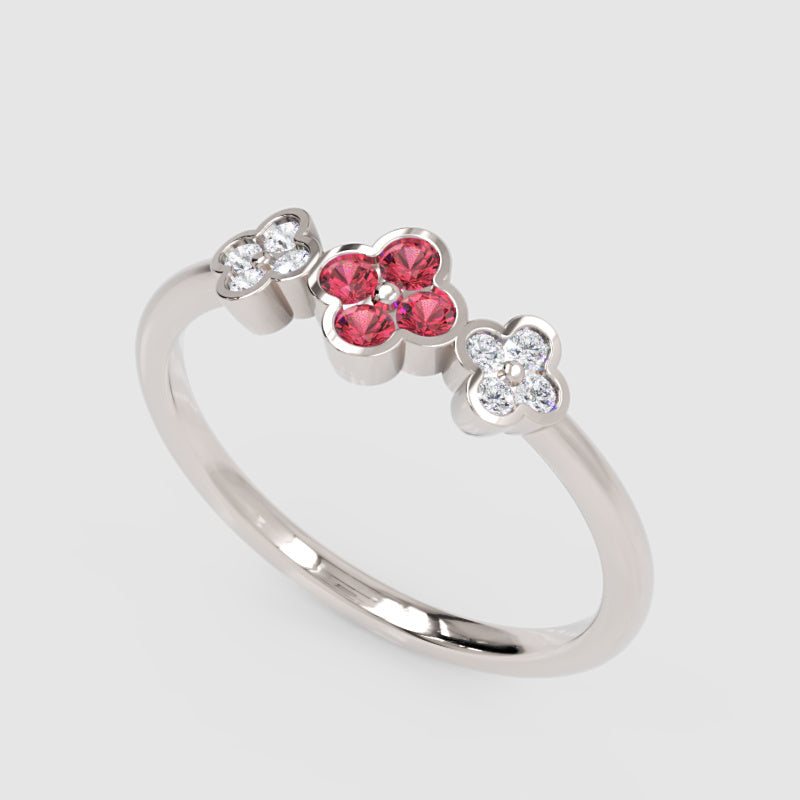 Triple Flower Cluster Ring With Ruby And Diamond Accents - Five