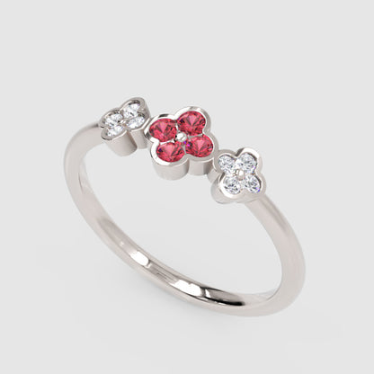 Triple Flower Cluster Ring With Ruby And Diamond Accents - Five