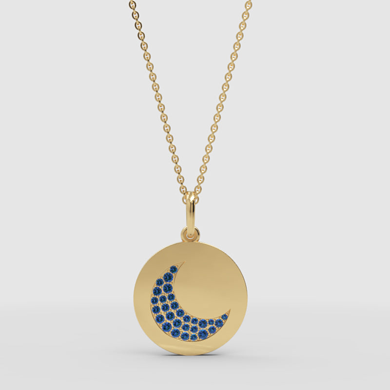 Blue Sapphire Crescent Moon Disc Pendant Necklace - Two