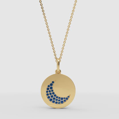 Blue Sapphire Crescent Moon Disc Pendant Necklace - Two