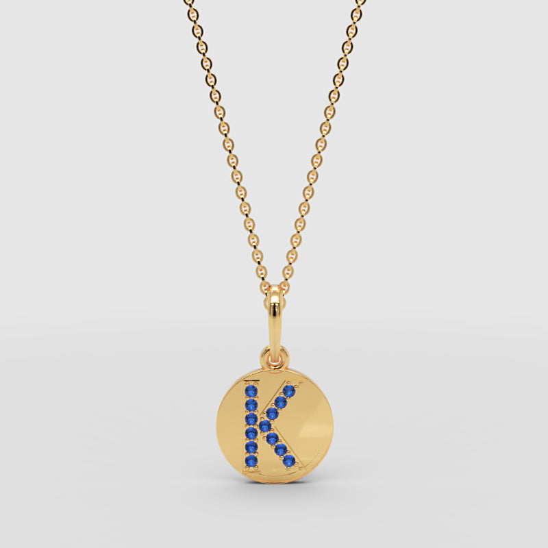 Personalized K Letter Pendant Necklace In White Gold With Blue Stones - Three
