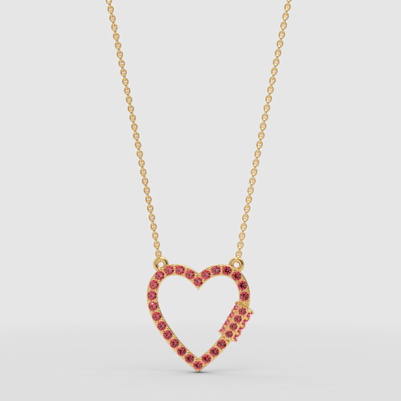Lab-Grown Ruby Open Heart Necklace In White Gold | Romantic Pave Pendant With Adjustable 16–17 Inch Chain - Three