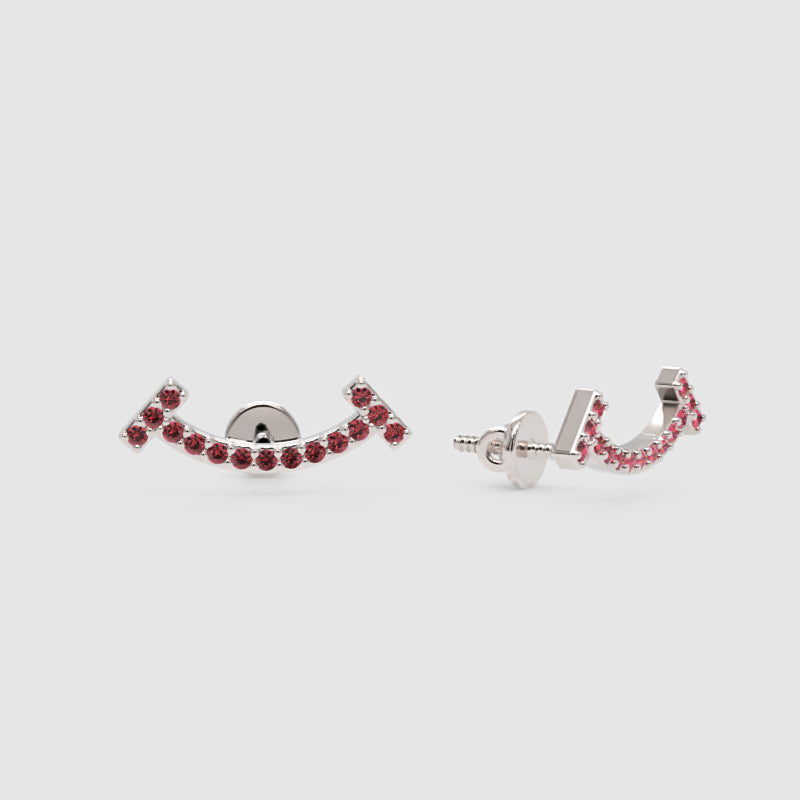 Curved Bar Ear Jacket Earrings With Pink Gemstones - Three