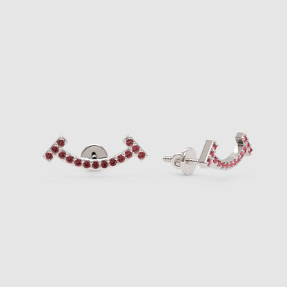 Curved Bar Ear Jacket Earrings With Pink Gemstones - Three