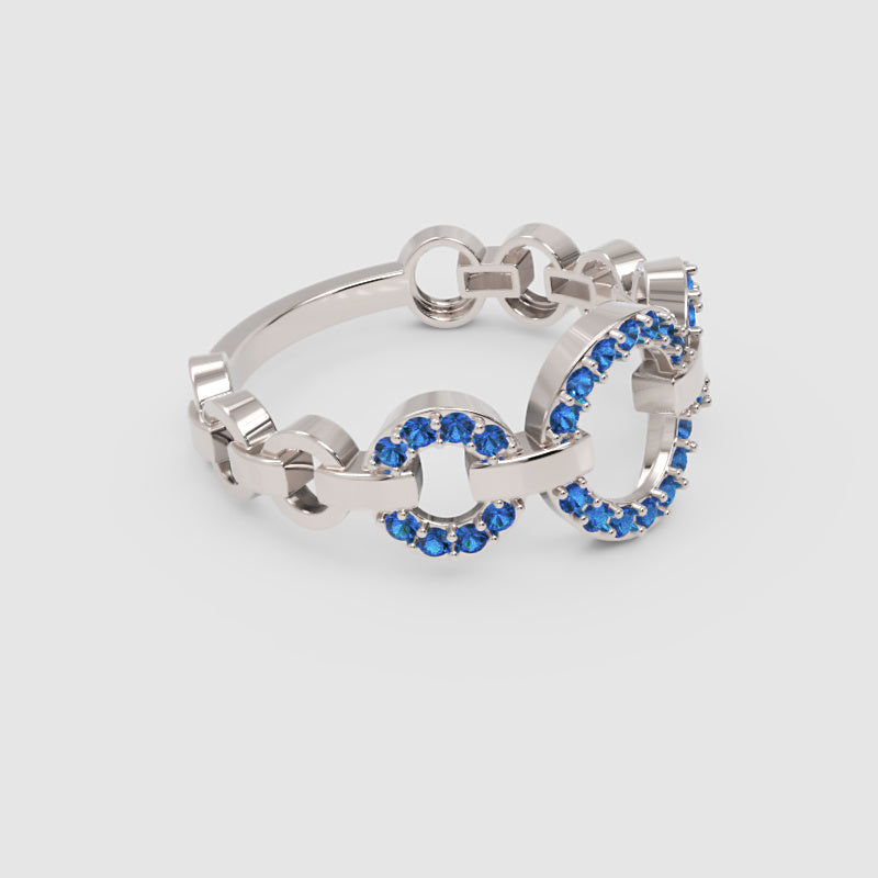 Blue Sapphire Multi-Link Circular Ring In White Gold | Double Pave Interlocking Chain Statement Luxury Ring For Women | Jebij - Five