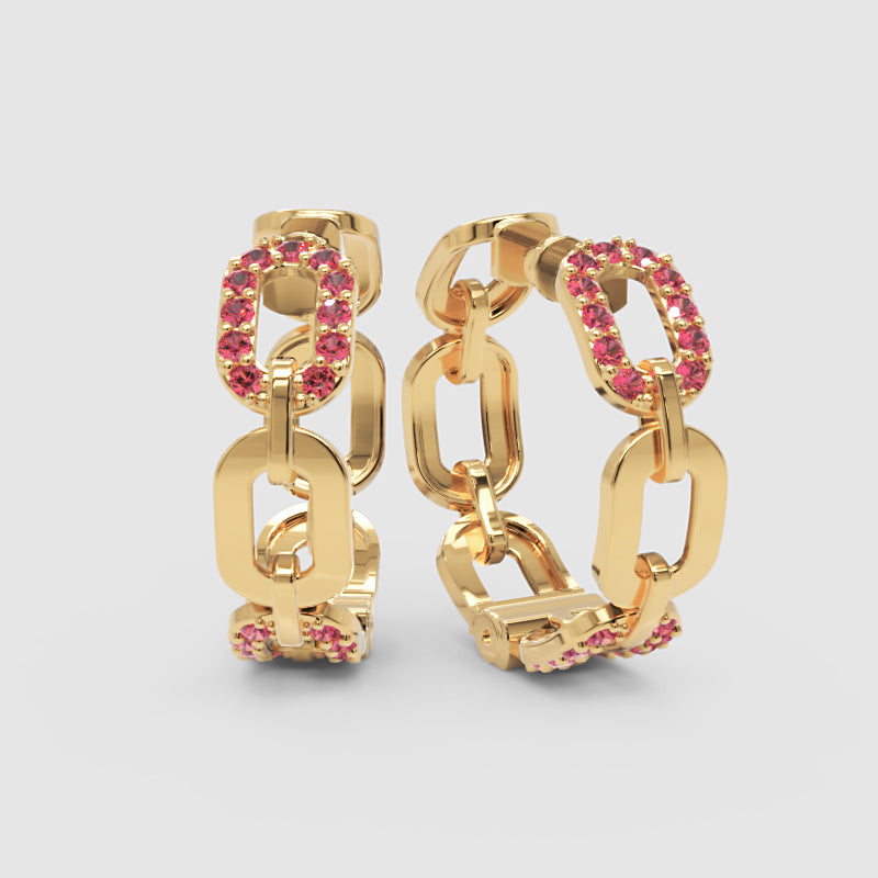 Pink Gemstone Chain Link Hoop Earrings - Four