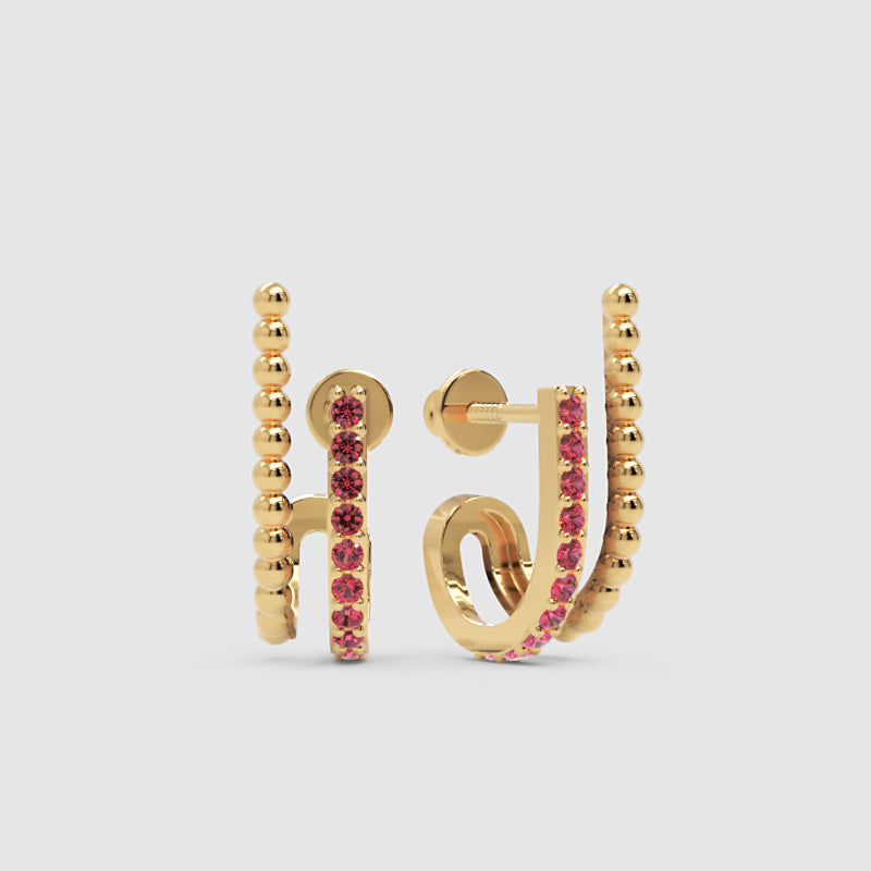 Ruby Beaded Double Hoop Stud Earrings - Four