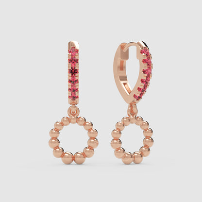 Pink Gemstone Huggie Hoop Earrings With Beaded Circle Drop Charms - One
