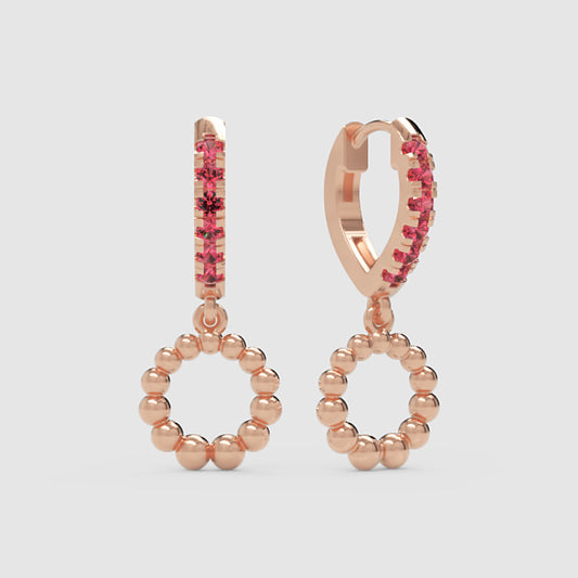 Pink Gemstone Huggie Hoop Earrings with Beaded Circle Drop Charms