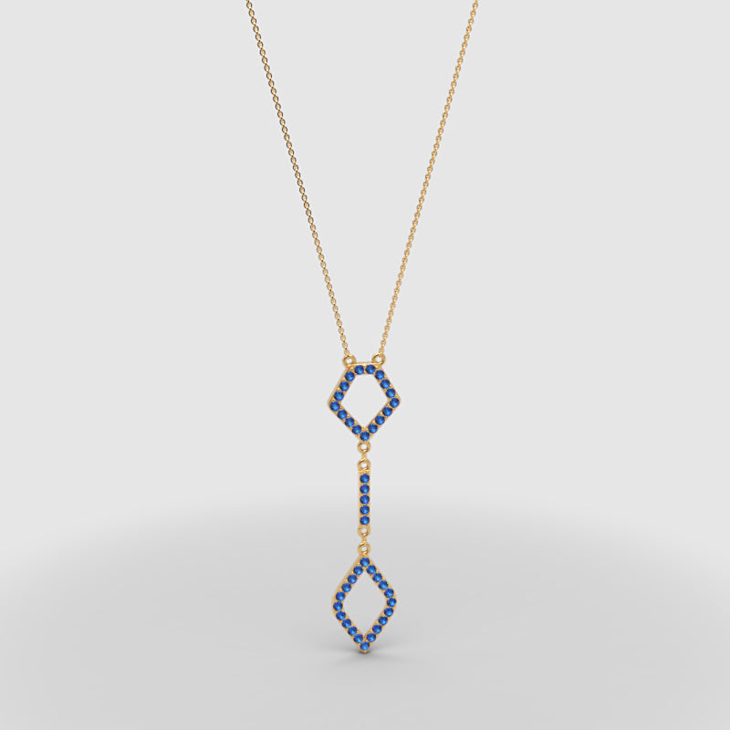 Blue Sapphire Geometric Drop Pendant Necklace | White Gold Adjustable 16–17 Inch Chain - Three