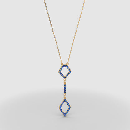 Blue Sapphire Geometric Drop Pendant Necklace | White Gold Adjustable 16–17 Inch Chain - Three
