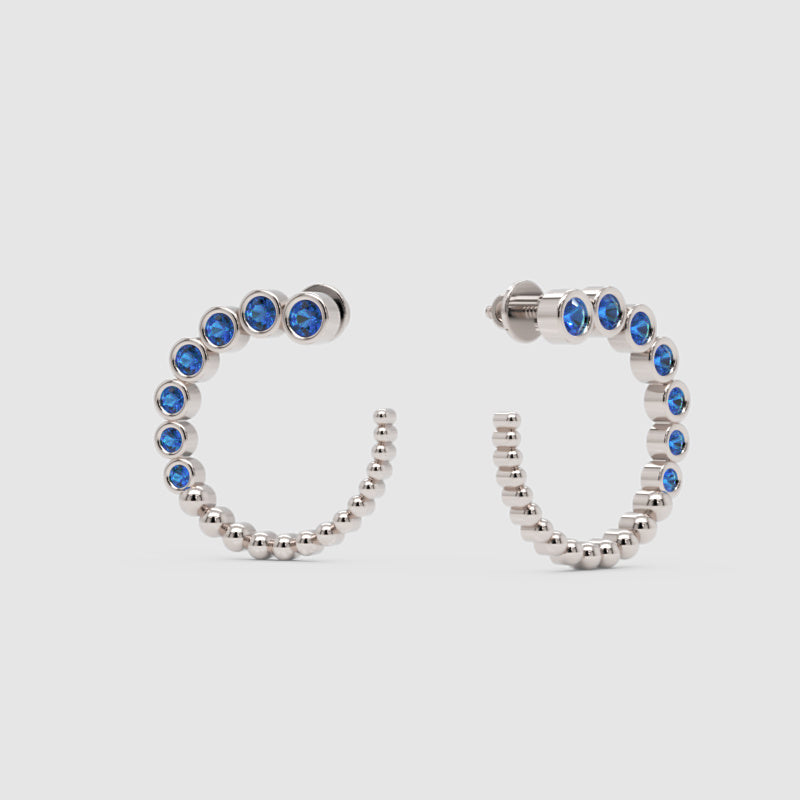 Blue Sapphire Beaded Circle Hoop Earrings With Screw Backs - Three