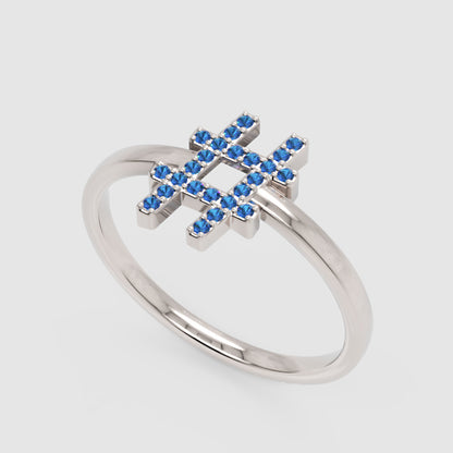 Blue Sapphire Hashtag Symbol Ring With Pav Stones - Three