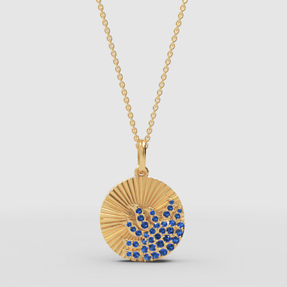 Blue Sapphire Sunburst Disc Pendant Necklace - Three
