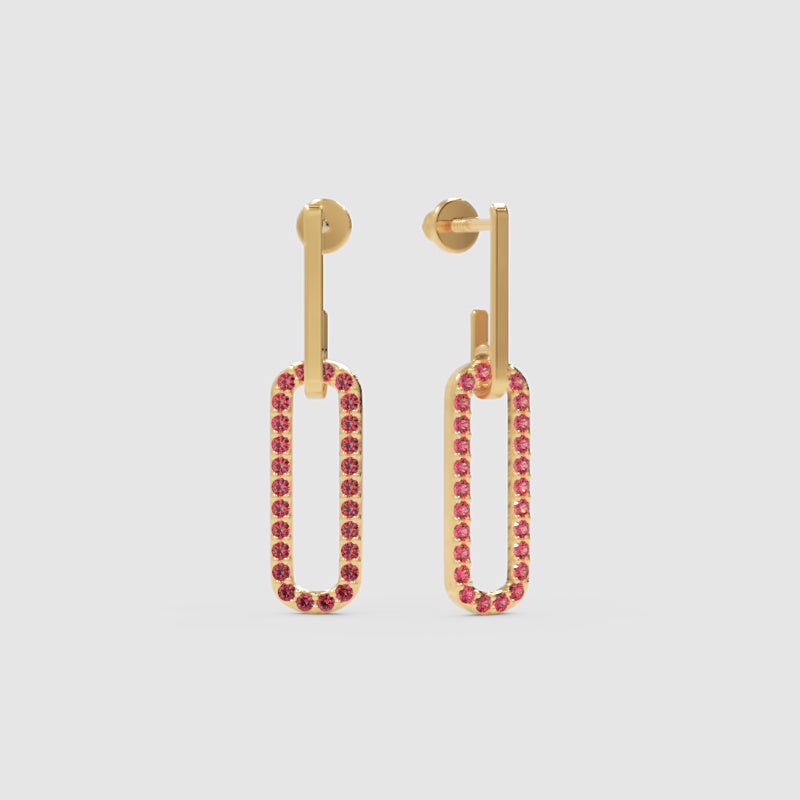 Modern Geometric Drop Earrings With Pink Gemstone Rectangular Hoops - Three