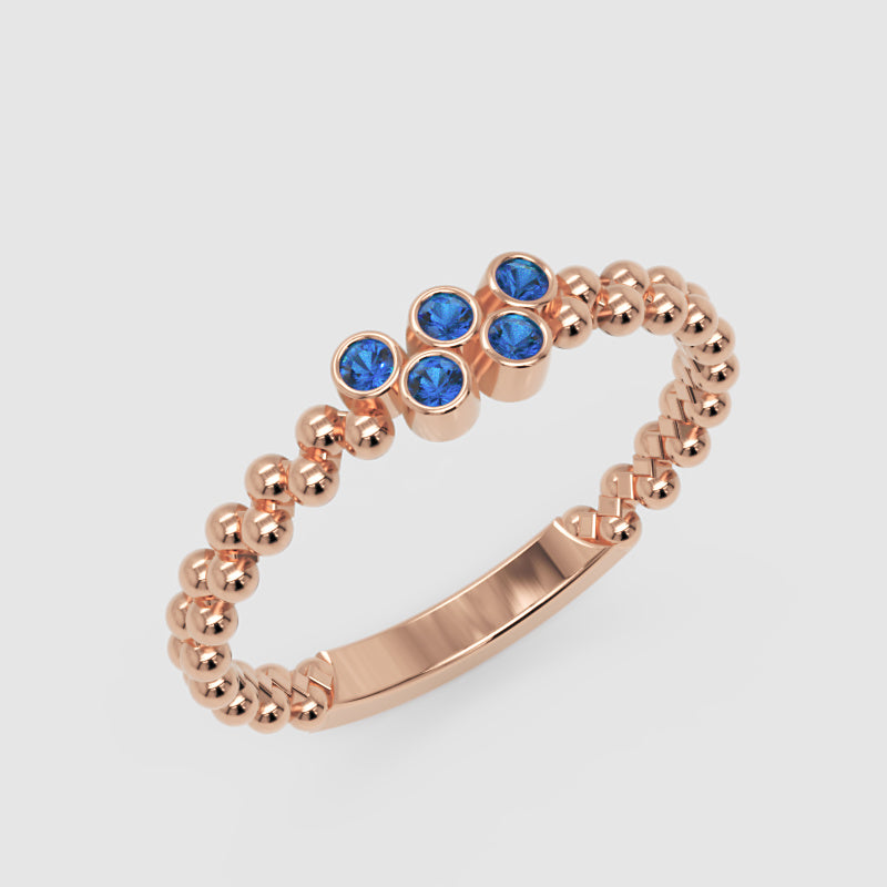 Lab-Grown Blue Sapphire Cluster Ring in Rose Gold – Minimal Beaded Band Stackable Ring | Jebij