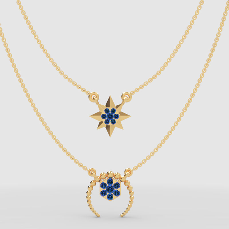 Blue Crystal Star And Horseshoe Layered Necklace Set - Three