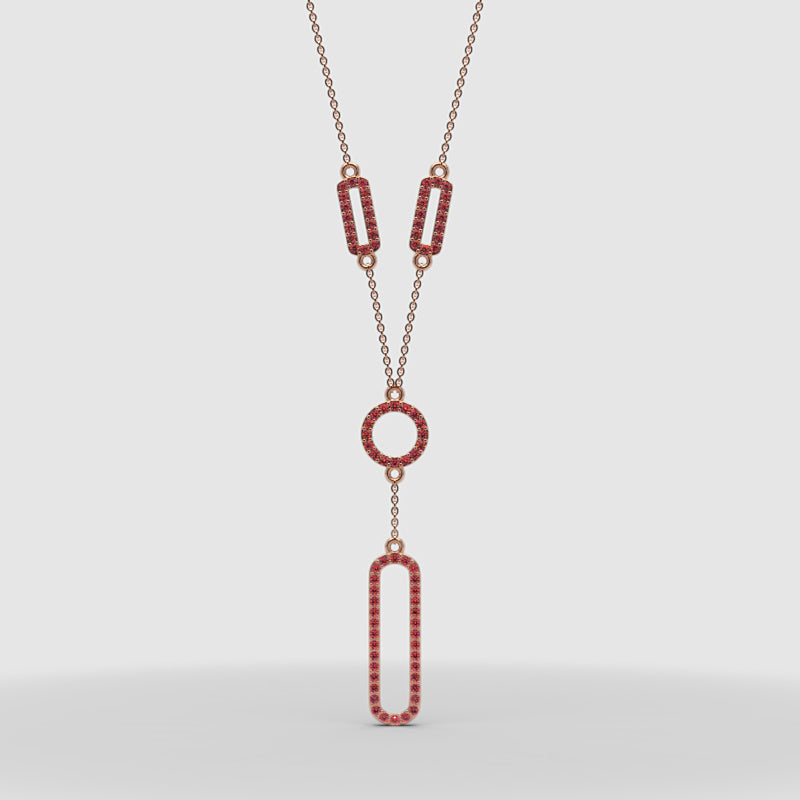 Lab-Grown Ruby Geometric Drop Y Necklace In Yellow Gold | Modern Pave Circle & Bar Design (16–17 Inch Adjustable) | Jebij - Three