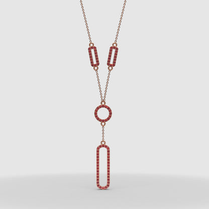 Lab-Grown Ruby Geometric Drop Y Necklace In Yellow Gold | Modern Pave Circle & Bar Design (16–17 Inch Adjustable) | Jebij - Three