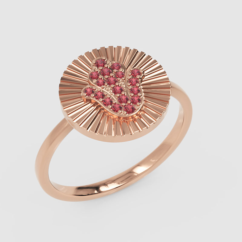 Ruby Hamsa Hand Disc Ring With Sunburst Detail - Three