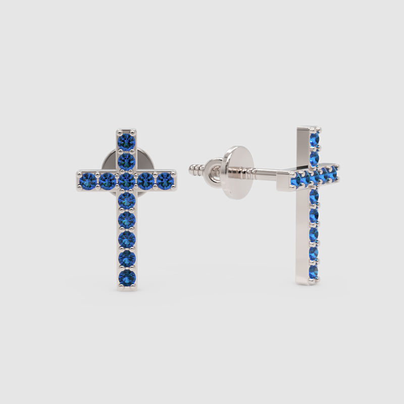 Blue Sapphire Cross Stud Earrings With Screw Back Closure - Three