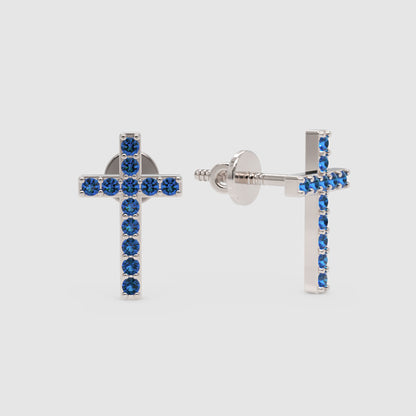 Blue Sapphire Cross Stud Earrings With Screw Back Closure - Three
