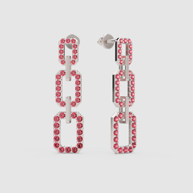 Pink Crystal Triple Link Chain Drop Earrings - Four
