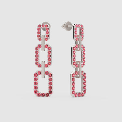 Pink Crystal Triple Link Chain Drop Earrings - Four