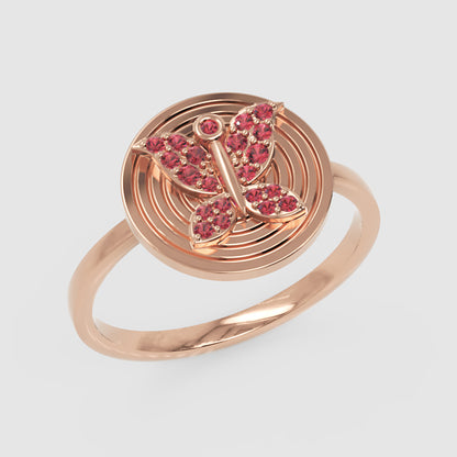 Rose Butterfly Medallion Ring With Pink Gemstones - Three