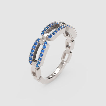Lab-Grown Blue Sapphire Interlocking Link Ring in White Gold | Double Pave Luxury Chain Design Statement Ring for Women | Jebij