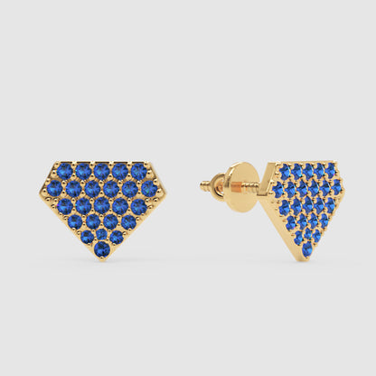 Blue Sapphire Pav Shield Stud Earrings - Three