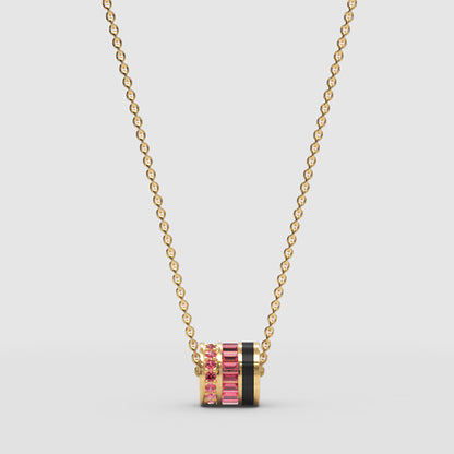 Pink Gemstone Triple Ring Pendant Necklace - Three
