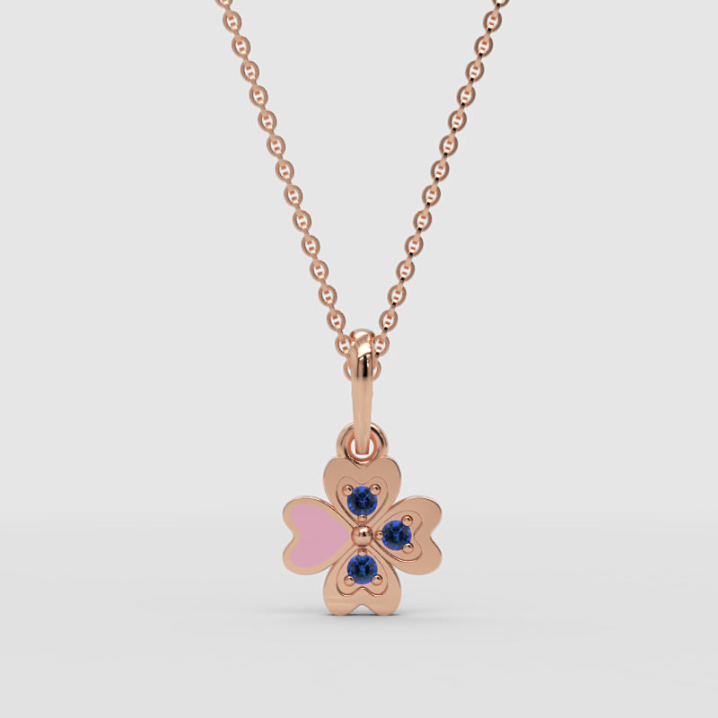 Pink Enamel Heart Clover Pendant Necklace With Blue Stones - Four