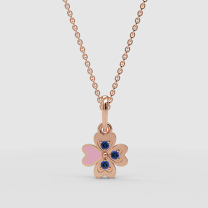 Pink Enamel Heart Clover Pendant Necklace With Blue Stones - Four