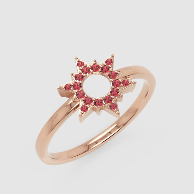 Ruby Starburst Halo Ring With Open Center Design - Three