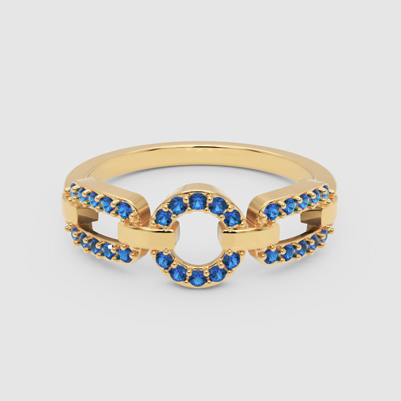 Blue Sapphire Circular Link Ring In Rose Gold | Double Pave Interlocking Chain Statement Luxury Ring For Women | Jebij - Six