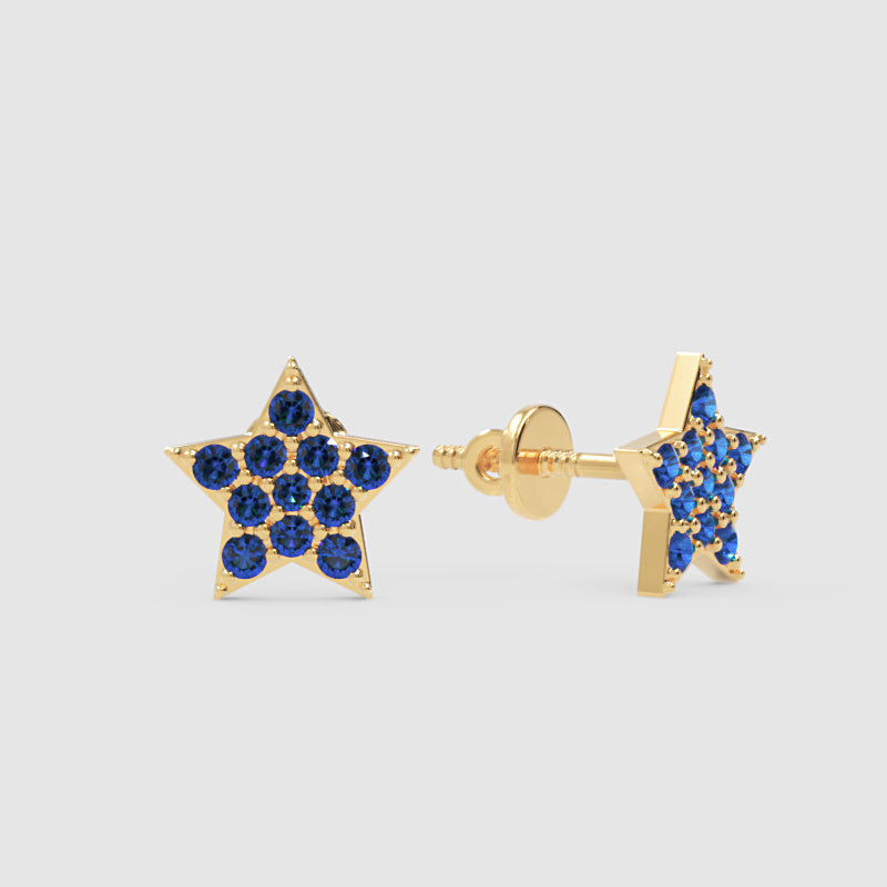 Blue Sapphire Star Stud Earrings With Screw Back Closure - Three