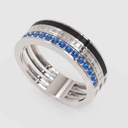 Gold Blue Sapphire Band Ring 6Mm With Black Enamel – Wide Statement Luxury Ring | Jebij - Three