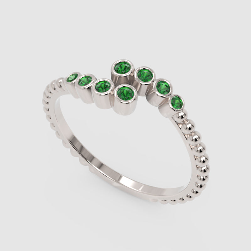 Beaded Open Wrap Ring With Green Emerald Stones - Three