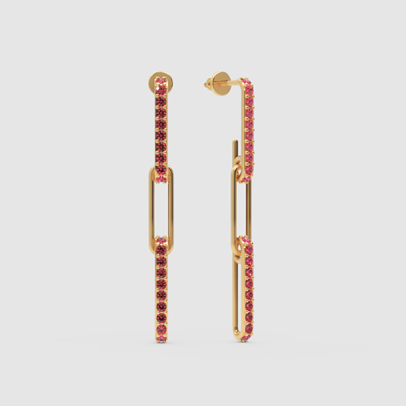 Pink Sapphire Pav Link Drop Earrings With Paperclip Design - Four