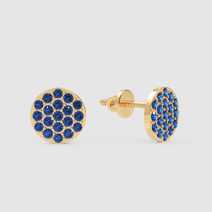 Blue Sapphire Pav Disc Stud Earrings With Screw Back - Three