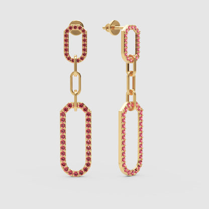 Pink Lab Grown Gemstone Link Drop Earrings Pave Oval Chain Statement Dangle Design - Four
