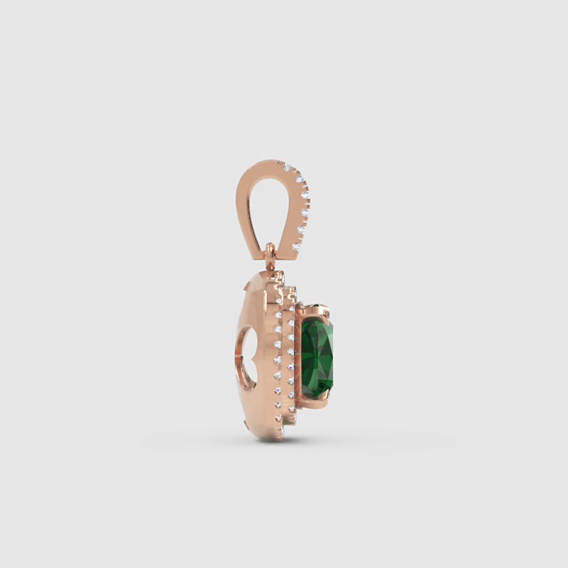 Cushion Cut Green Emerald Double Halo Pendant With Diamond Accents - Three