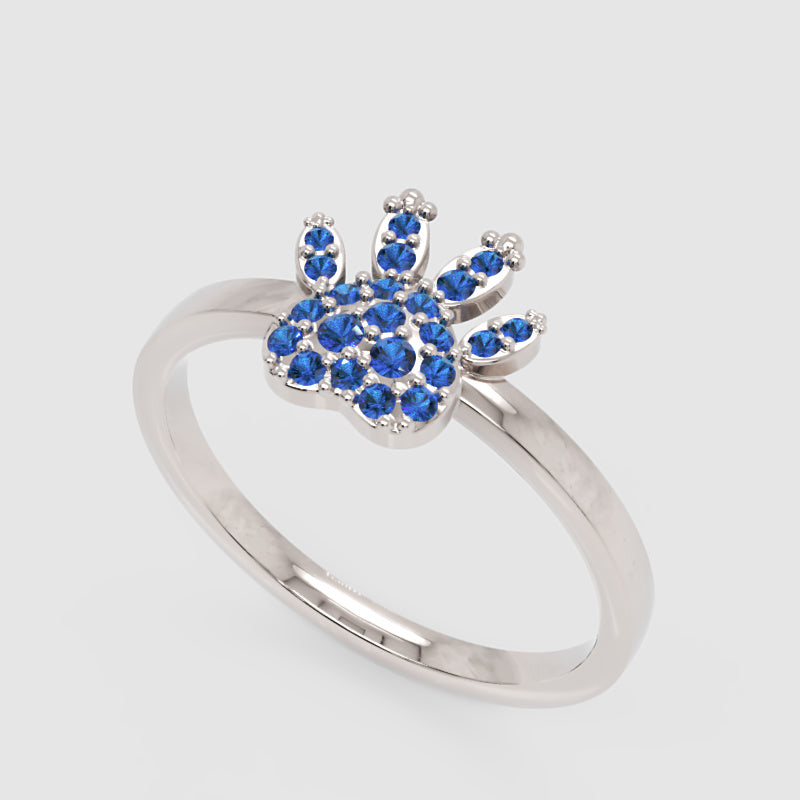 Blue Sapphire Paw Print Ring For Pet Lovers - Three