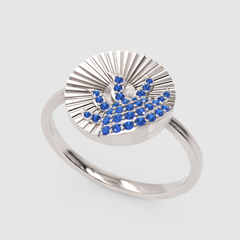 Blue Sapphire Wave Ring With Textured Sunburst Design - Three