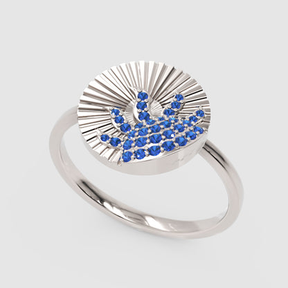 Blue Sapphire Wave Ring With Textured Sunburst Design - Three