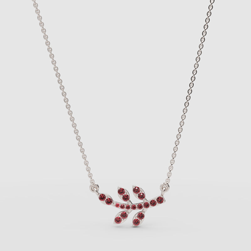 Garnet Leaf Branch Pendant Necklace With Rose Tone Chain - Three