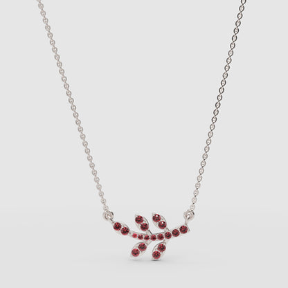 Garnet Leaf Branch Pendant Necklace With Rose Tone Chain - Three